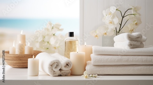  a table topped with lots of white towels next to a vase filled with flowers and a bottle of lotion.