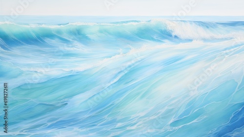  a painting of a blue ocean wave with a white surfboard sticking out of the top of it's crest.