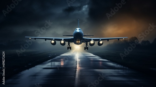 a fighter jet taking off at night on a runway or runway, misty atmosphere, dark gray
