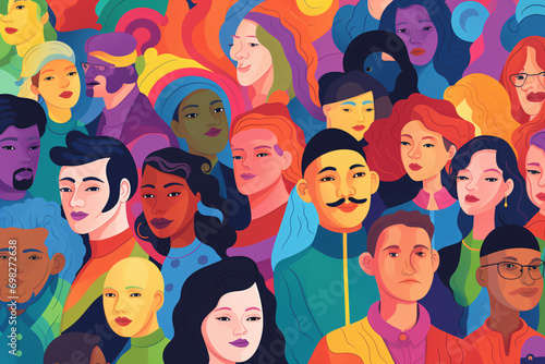 Diversity illustration, men and women with different ethnicities, complexities and from different cultural backgrounds, diversity concept background © Dennis