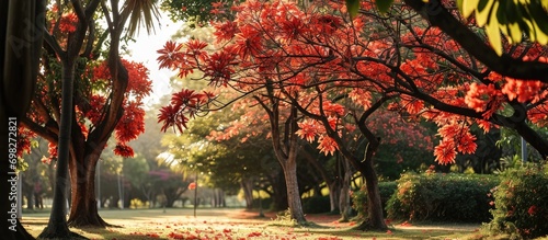 Colorful trees with blooming red flowers in a park: Royal poinciana and peacock flower trees. photo