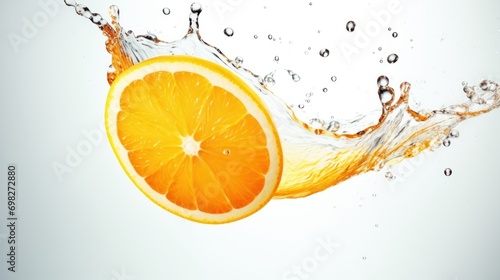  an orange being dropped into the water with a splash of water on the top of the slice of the orange.