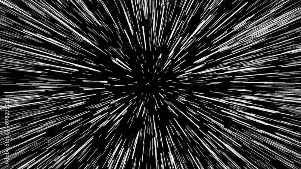 Traveling through star fields flying extremely fast light speed journey through a wormhole to the end of tunnel in space, Hyperspace jump through the stars to a distant space