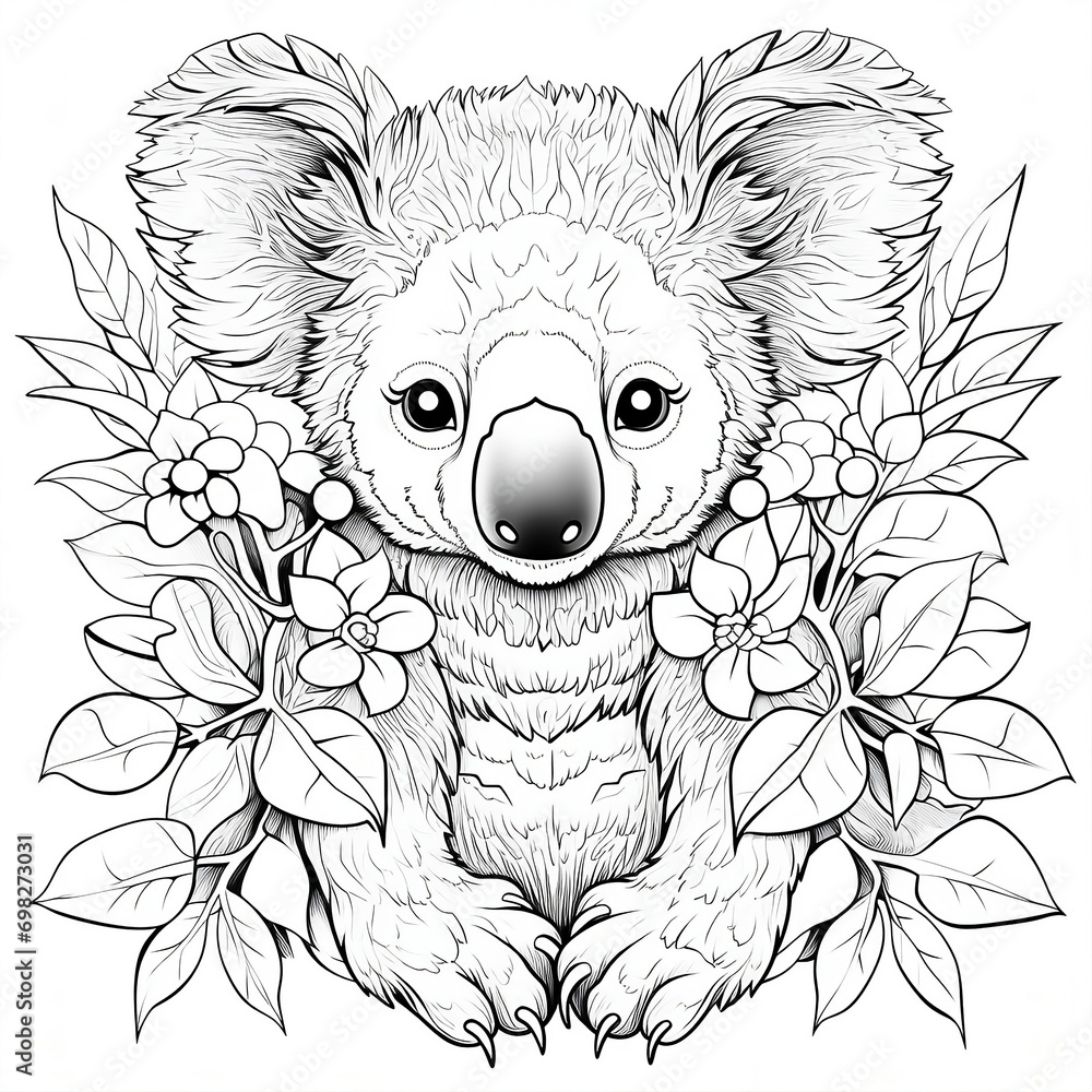 Mandala koala bear coloring page for adults. Koala surrounded by leaves