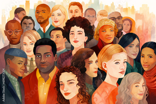 Diversity illustration, men and women with different ethnicities, complexities and from different cultural backgrounds, diversity concept background © Dennis