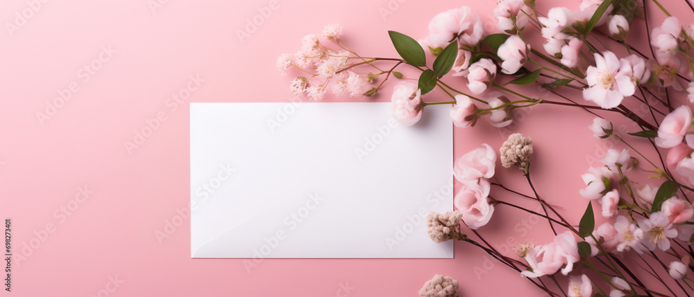 pink flowers and card and envelope with copy space pink flowers and card and envelope with copy space