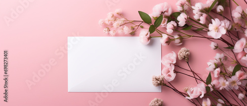 pink flowers and card and envelope with copy space