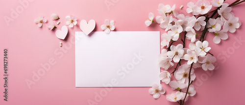 pink flowers and card and envelope with copy space © RJ.RJ. Wave