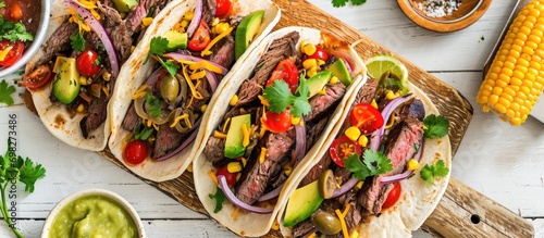 Vertical view, close-up of platter with grilled steak tacos, topped with olives, tomatoes, red onion, avocado, cilantro, corn, cheddar cheese, and thousand island sauce on white wood table. photo