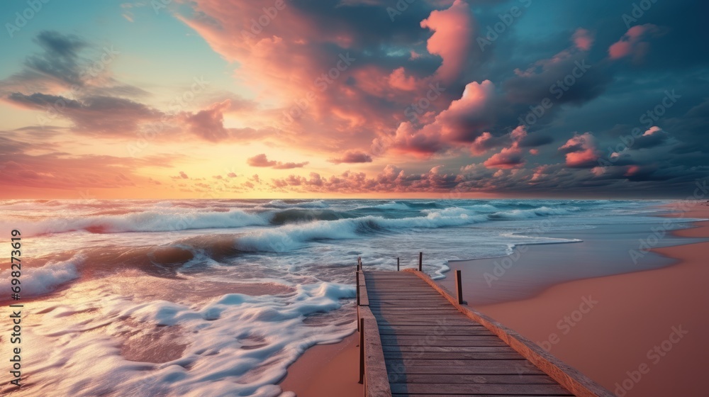  a pier that is next to a body of water with waves coming up to it and a sunset in the background.