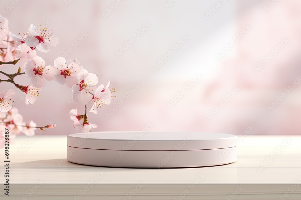 round light pink podium with blooming branches of peach sakura. with minimalistic background round light pink podium with blooming branches of peach sakura. with minimalistic background