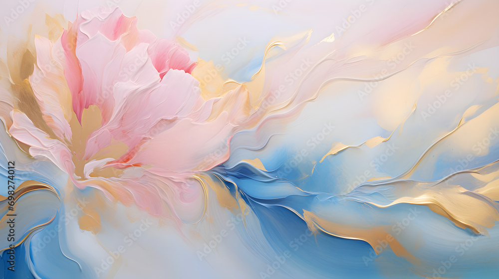 Abstract oil painting background, Floral art, pink white blue gold,  generative ai