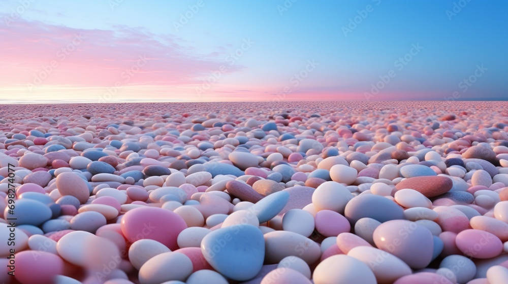 Fototapeta premium a bunch of rocks sitting in the middle of a field with a pink and blue sky in the back ground.