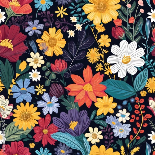 a seamless pattern of colorful flowers on a dark background