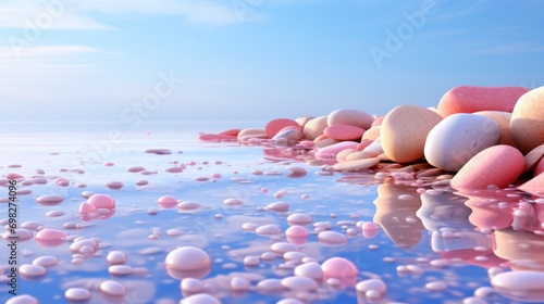  a group of rocks sitting on top of a body of water next to a shore covered in pink and white pebbles.