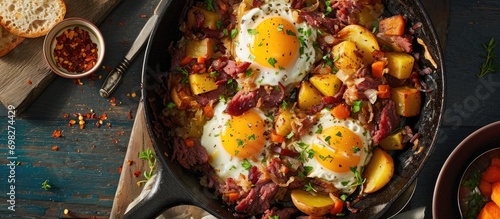Egg-topped corned beef hash in a skillet with potatoes, cabbage, and carrot. photo