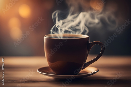 Cup of coffee with smoke streaming on a table.