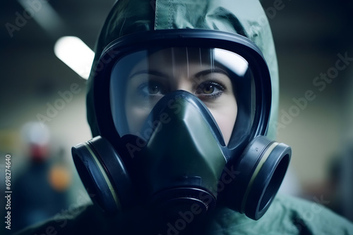 Woman wearing gloves with biohazard chemical protective suit and mask. Neural network AI generated art photo