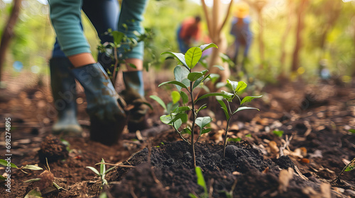 A dedicated gardener carefully tends to their herb garden, dressed in practical farmworker clothing and equipped with compost and gardening tools, as they lovingly plant a new tree in the rich soil o photo