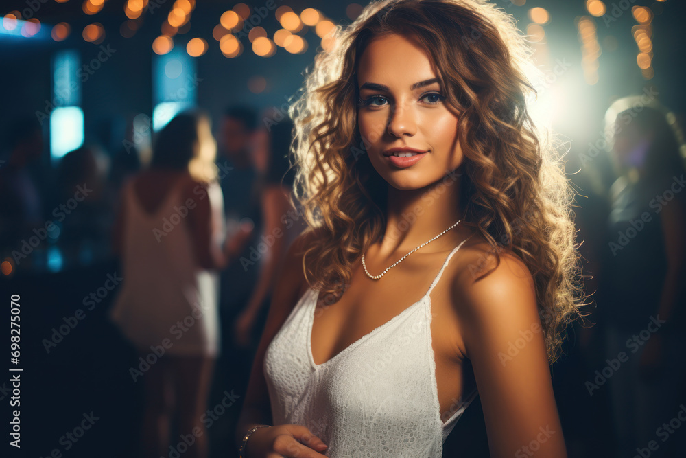 Young beautiful curly girl in night club party. Nightlive, clubbing, celebrating concept Young beautiful curly girl in night club party. Nightlive, clubbing, celebrating concept