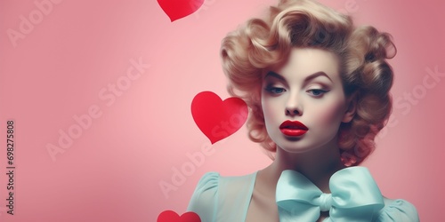 Woman with retro hairstyle infront of pink backdroop. Valentine's Day vibes. Image for poster retro-themed event or party. Lookbook photography, album cover. Banner with copy space.