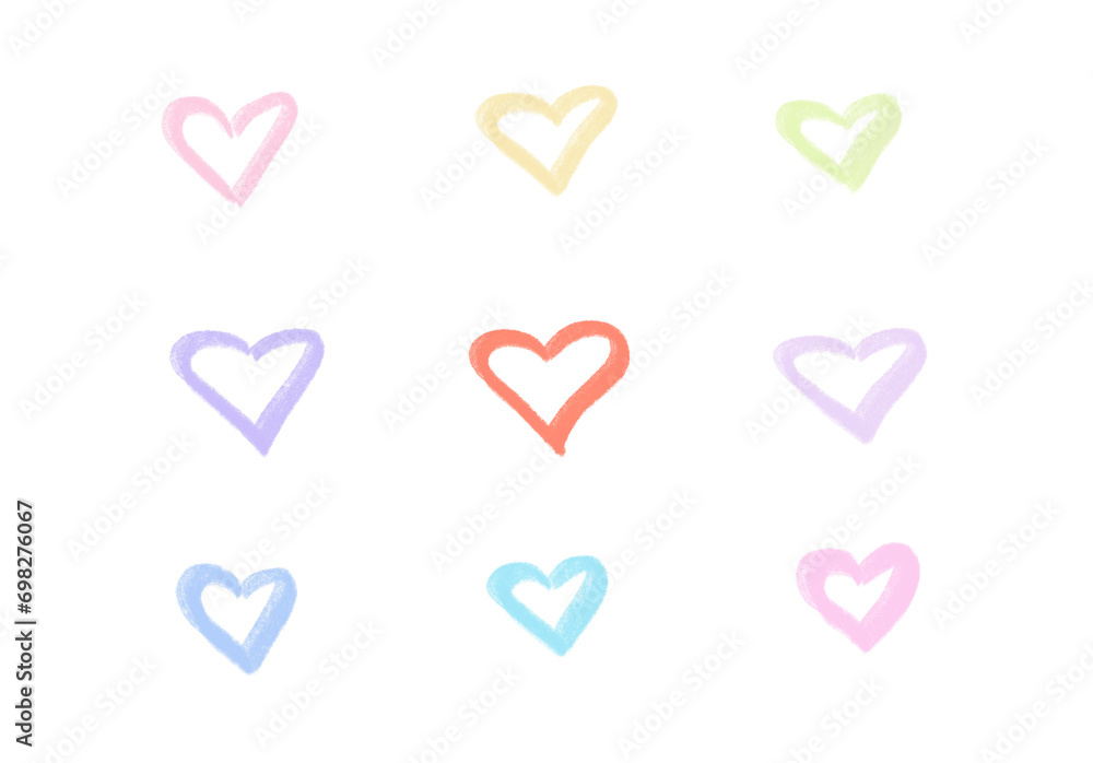 set of colorful hearts, hand drawn doodle hearts, postcard, png