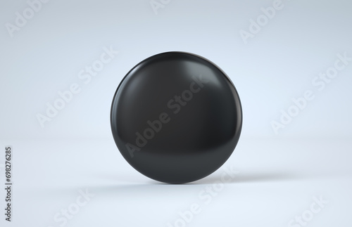 Big Shiny black button on white background black sphere empty studio room Black dot point reflectivity stock photo