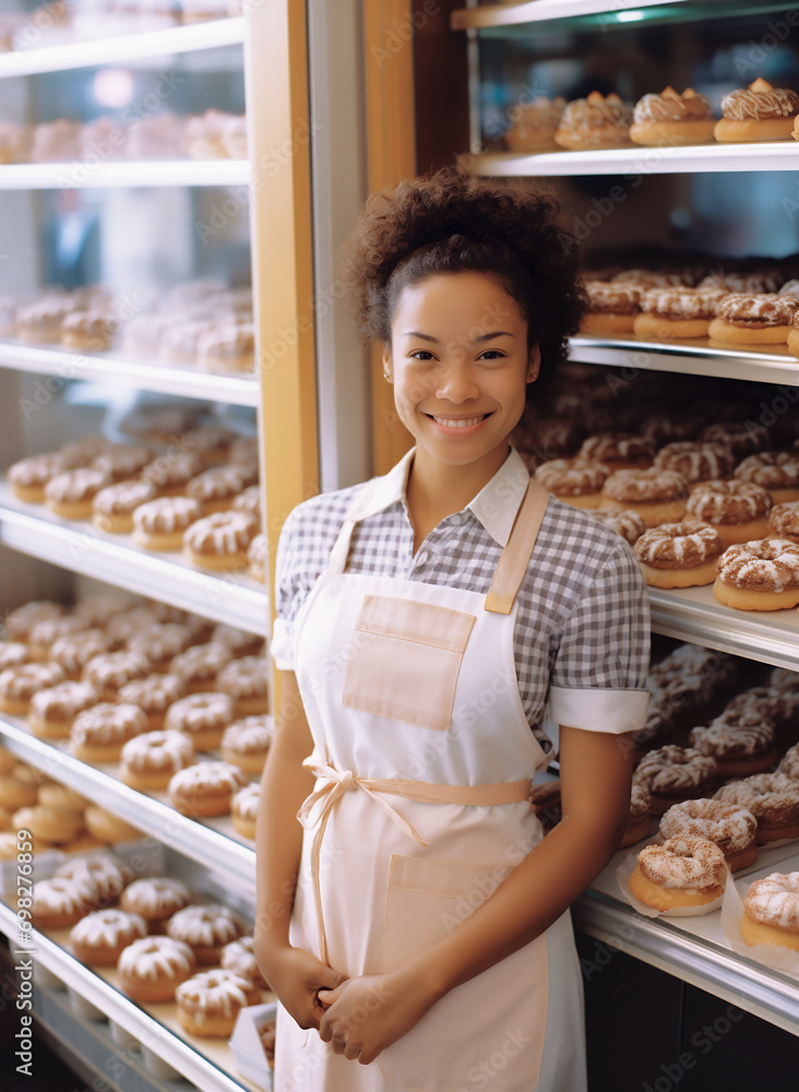 Successful young pastry chef mixed race woman standing in her own bakery.