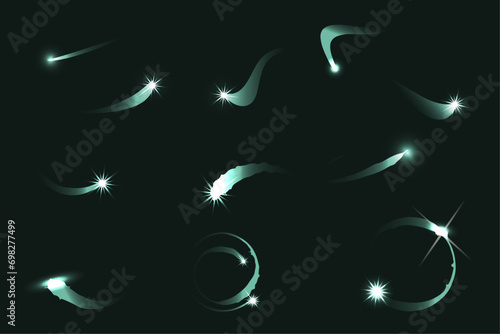 Magic Star light curve tail. Flare Christmas star line trail and transparent element motion. Vector isolated shining light effects