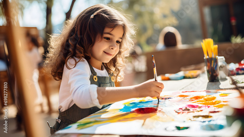 Young girl creating a colorful painting during an outdoor art class on a sunny day.