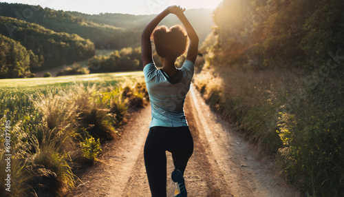 Active young woman preps for a run, stretching legs on a rural trail at sunset, showcasing determination and fitness preparation photo