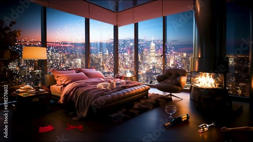 An upscale urban apartment with panoramic windows overlooking a nighttime cityscape, featuring a warm, inviting interior with a modern fireplace, luxurious bedding, and ambient lighting