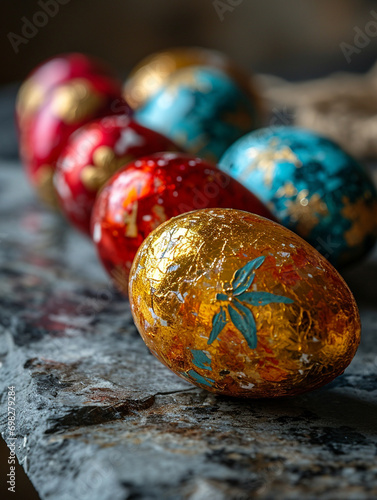 brightly colored metallic easter eggs on a countertop