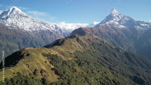 Annapurna view and Machapuchare snowcapped peak in the Himalaya mountains, Nepal 4K