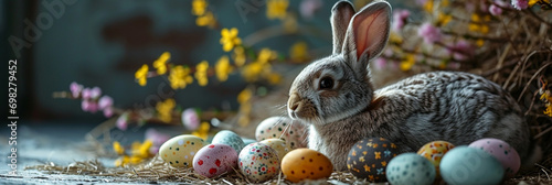 light-toned rabbit on the right of the image with Easter eggs and yellow and violet flowers © alexandra_pp