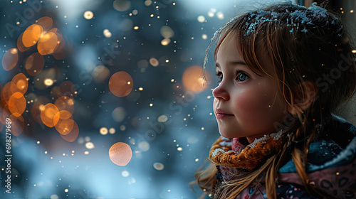 Cute young girl standing in the snowfall