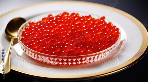 Red caviar in a white plate on the table in the restaurant. Gourmet cuisine, restaurant appetizer.