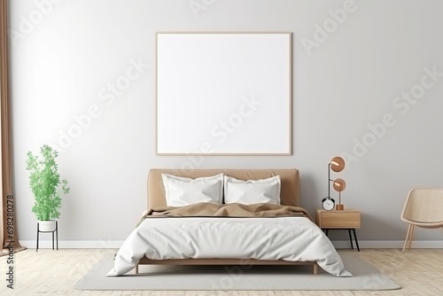 Bedroom ambiance with a bed and an empty mockup frame on the lively bronze wall. Blank empty mockup frame.
