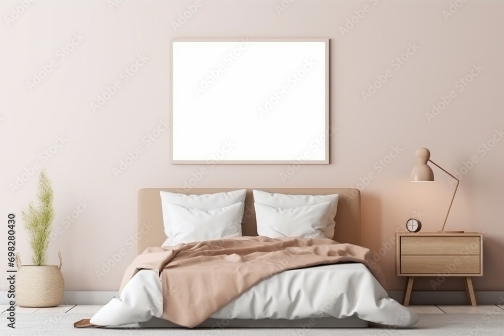 Bedroom ambiance with a light-themed bed and an empty mockup frame on the lively bronze wall. Blank empty mockup frame.