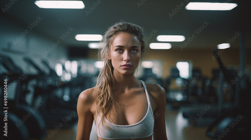 A young female gym member or personal trainer in the middle of a gym. A variety of exercise equipment is in the dimly lit background.