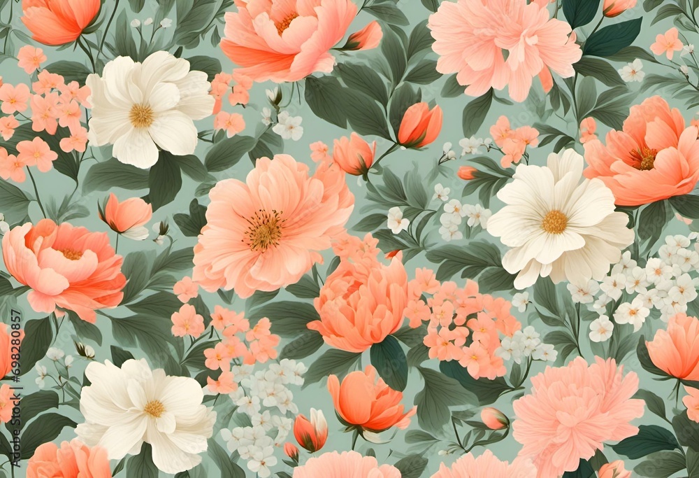 pink flowers and green leaves on a gray background, seamlessly pink flowers and green leaves on a gray background, seamlessly