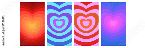 Set of Psychedelic retro neon tunnel in the shape of a heart. Hypnotic rainbow romantic 70s background vertical banner