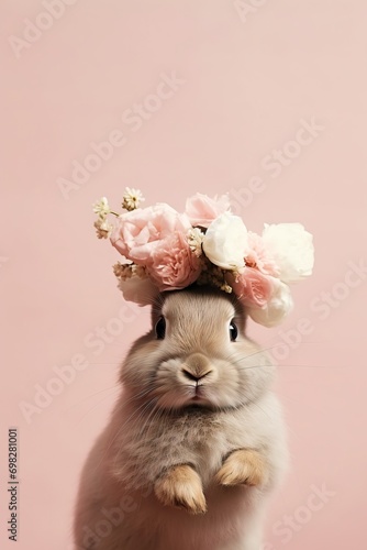 Cute bunny wearing a crown of pink and white flowers photo