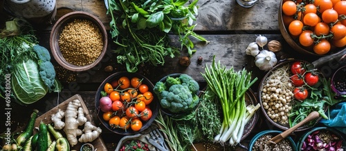 Ethical eating with plant-based vegan food consisting of vegetables, fruits, grains, legumes, and nuts; rich in protein, antioxidants, vitamins, and fiber. photo