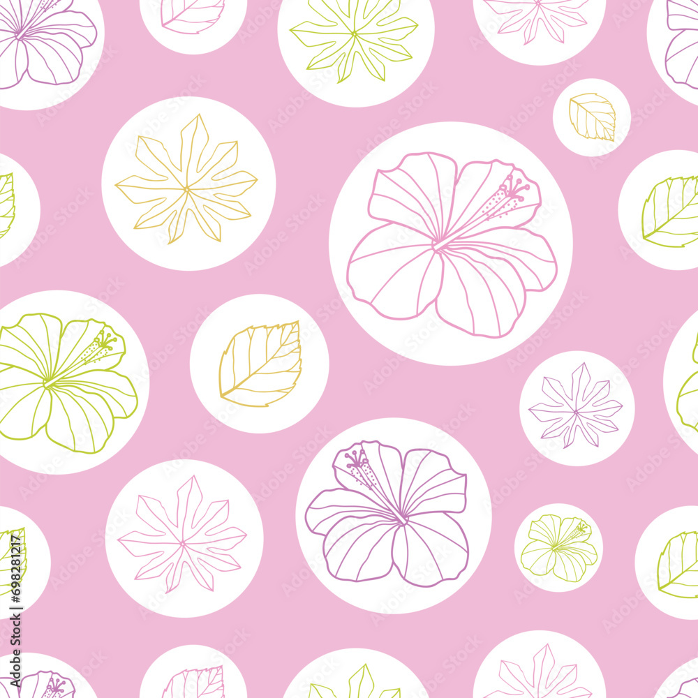 Vector pink and white tropical leaves and hibiscus flower seamless pattern background. Perfect for fabric, scrapbooking, wallpaper projects. Vector pink and white tropical leaves and hibiscus flower seamless pattern background. Perfect for fabric, scrapbooking, wallpaper projects.