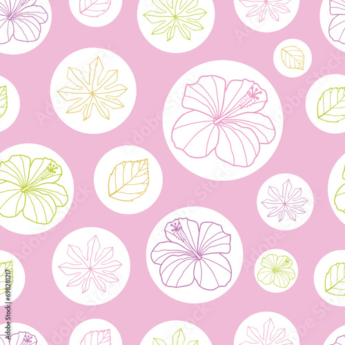 Vector pink and white tropical leaves and hibiscus flower seamless pattern background. Perfect for fabric, scrapbooking, wallpaper projects.