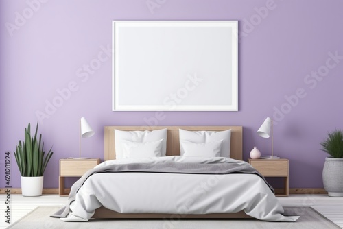 Bright bedroom setting with a dark bed, blank empty mockup frame on a serene purple wall.
