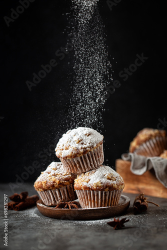 Homemade cinnamon muffins with streusel sprinkled with powdered sugar on black background. photo
