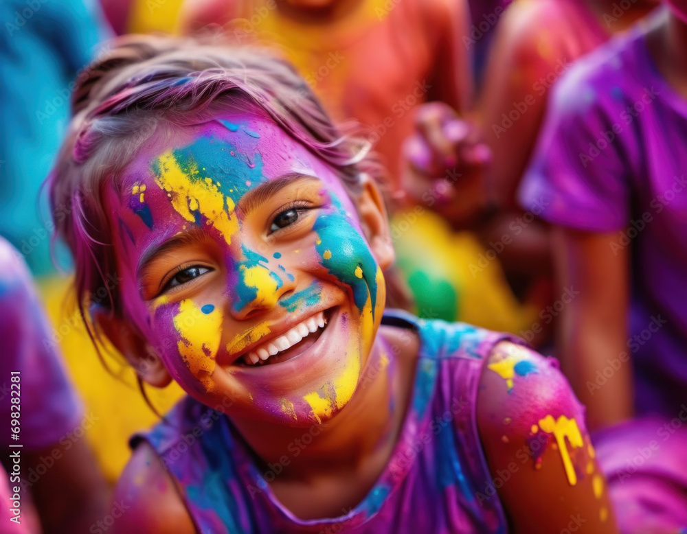 Happy smiling child girl on Holi festival of colors