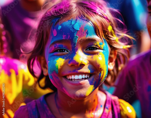Happy Child girl painted in the bright colors of Holi festival.
